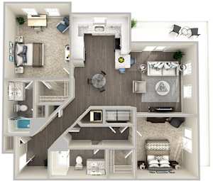 A detailed 3D floor plan of a two-bedroom apartment.