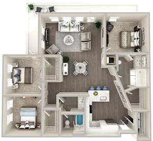 A 3D floor plan of a house with a living room, kitchen, and bedrooms.