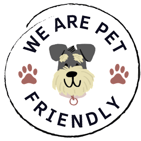 A logo with a dog and the text "We are pet friendly" is displayed.