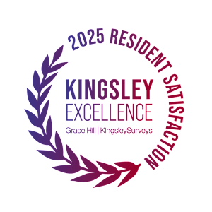 A graphic with text that reads "2025 RESIDENT SATISFACTION KINGSLEY EXCELLENCE Grace Hill | KingsleySurveys".
