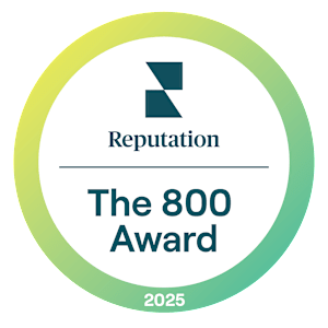 A circular logo with the text "Reputation", "The 800 Award", and "2025" on it.