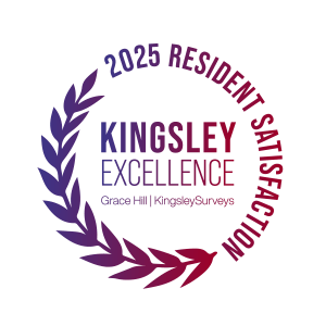 A logo with the words "2025 RESIDENT SATISFACTION" and "KINGSLEY EXCELLENCE" surrounded by a laurel wreath.