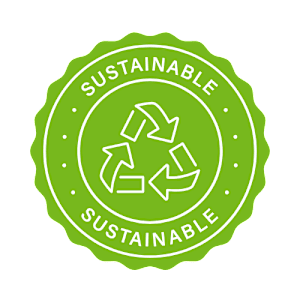 A green circular badge with the word "SUSTAINABLE" written on it and a recycling symbol in the center.