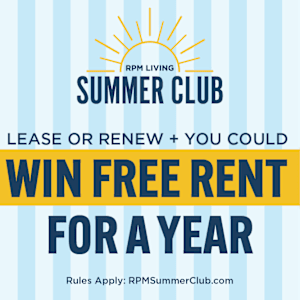 RPM Living Summer Club promotional graphic with a sunburst logo at the top. Text reads: 'Lease or renew + you could win free rent for a year.' Smaller text at the bottom: 'Rules apply: RPMSummerClub.com.' The design has a light blue and white striped background with bold navy and gold text. 