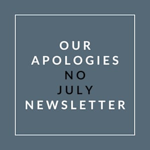 A graphic with the words "Our Apologies No July Newsletter" on a grey background.
