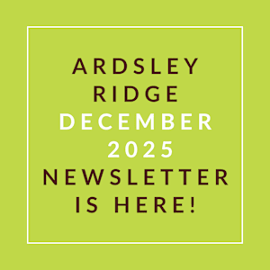 A green square with white text announcing the Ardsley Ridge December 2025 newsletter.