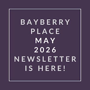 A purple newsletter cover for Bayberry Place for May 2026.