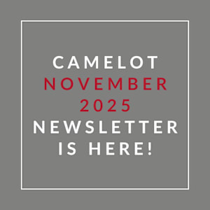 A grey background with red and white text announcing the Camelot November 2025 Newsletter.