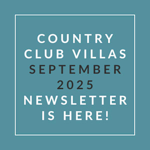 A teal-colored image announcing the availability of the Country Club Villas September 2025 newsletter.