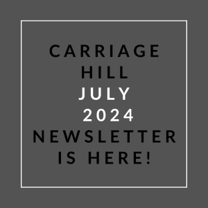 a white font on a grey background with the headline carrage hill july 2024