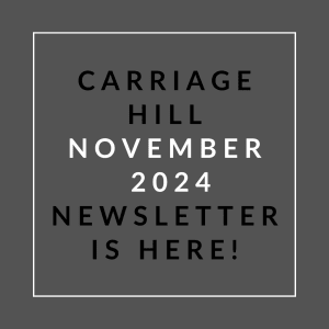 a white font print on a grey background with the words carriage hill october 2024