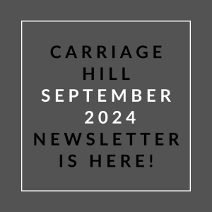 a white font on a gray background with the words carriage hill september 2024