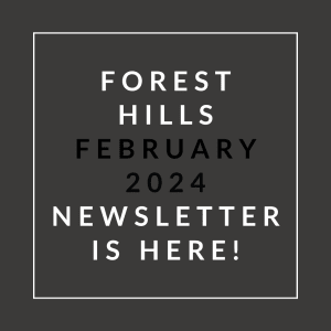 a white text print on a black background with the words forest hills february
