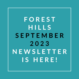 a teal background with a white box that says forest hills september 23 23 newsletter