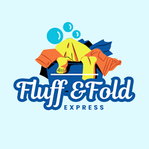 A logo for Fluff & Fold Express features a pile of folded clothes and bubbles.