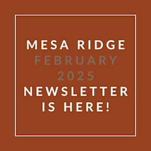 A brown square with white text announcing the Mesa Ridge February 2025 Newsletter.