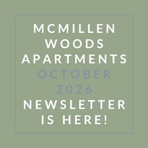 The image is a cover of the McMillen Woods Apartments October 2026 newsletter.