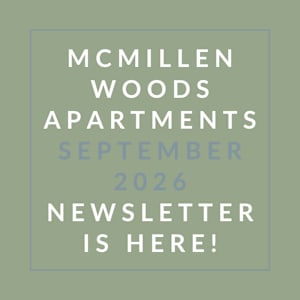 The image is a cover of the McMillen Woods Apartments September 2026 newsletter.