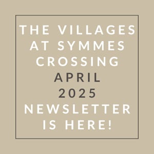 The image is an announcement for the Symmes Crossing Villages April 2025 newsletter.