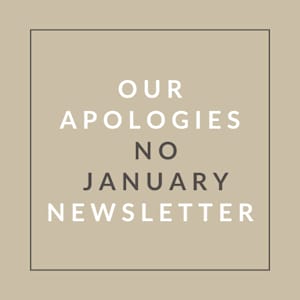 A beige background with text apologizing for the absence of a January newsletter.