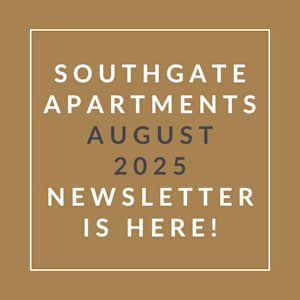A brown newsletter cover for Southgate Apartments for July 2025.