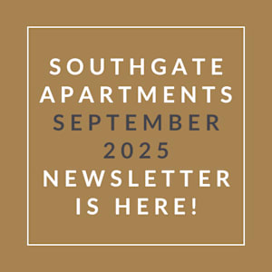 A brown newsletter cover for Southgate Apartments for September 2025.