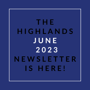 a blue background with a white rectangle in the middle and the words the highlands june