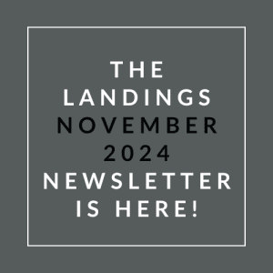 a white font on a grey background with the words the landings october 2024