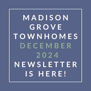 A blue background with white text announcing the Madison Grove Townhomes December 2024 newsletter.