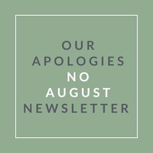 A graphic with text apologizing for the absence of an August newsletter.