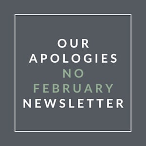 A graphic with text stating "Our Apologies No February Newsletter".