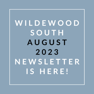a blue background with a white border and the words wildwood south august 23 newsletter is