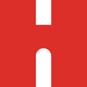 a red and white flag with an white arch