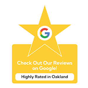 A yellow star with a Google logo in the center and text that says "Check Out Our Reviews on Google! Highly Rated in Oakland".