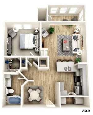 A floor plan of a small apartment with a kitchen, living room, and bathroom.