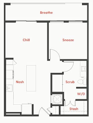A floor plan of a room with a Breathe, Chill, Snooze, Nosh, Scrub, W/D, and Stash labeled.