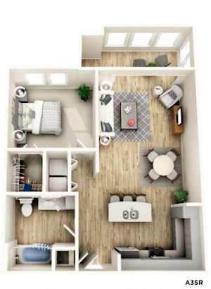 A 3D floor plan of a small apartment with a kitchen, living room, and bathroom.