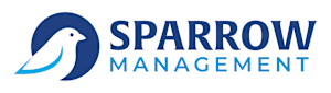 A logo with a bird and the words "Sparrow Management" in blue.