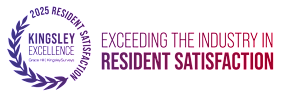 A logo with the text "Kingsley Excellence" and "2025 Resident Satisfaction" surrounded by a laurel wreath.