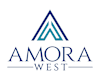 A logo with the words "Amora West" in blue font.