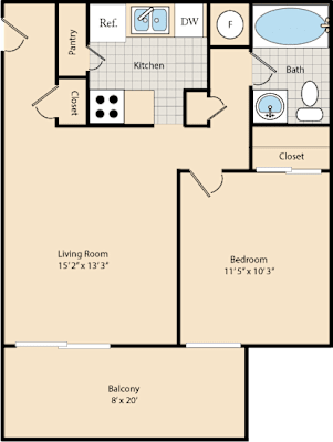 A floor plan of a small apartment with a living room, bedroom, kitchen, bathroom, and closet.