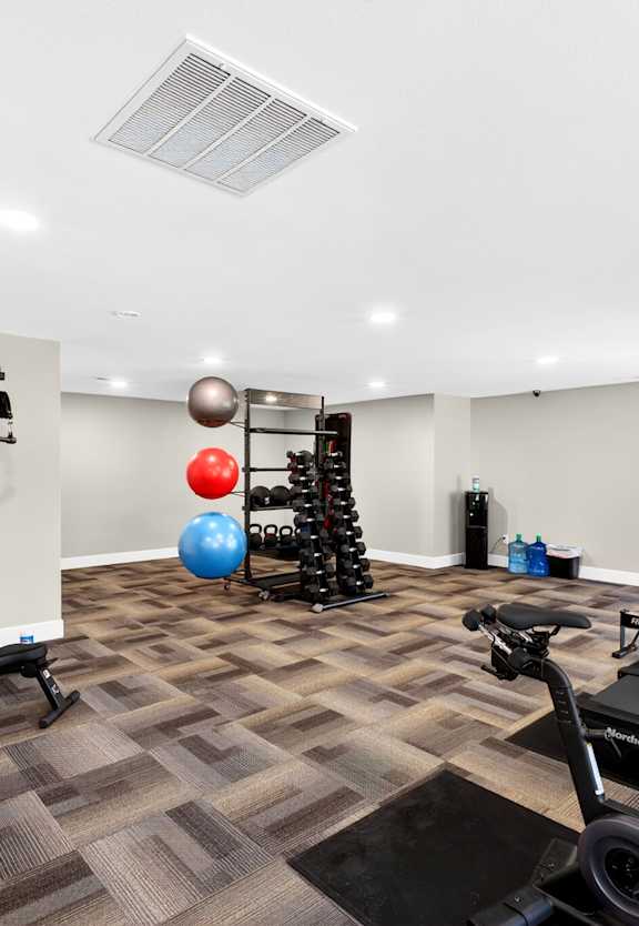 A well-equipped home gym with a treadmill, exercise balls, and weights.
