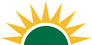 A graphic of a sun with yellow rays and a green oval shape.