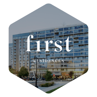 a view of the city of crest residences building with the word crest on it