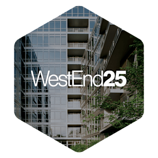 the logo or sign for the apartment building  west end 25