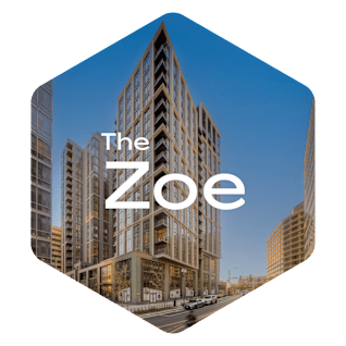 the zoe logo over a picture of a building