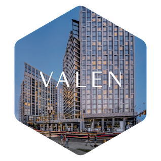 the view of a building with the word valen on it