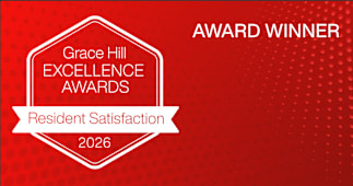 A red award badge for resident satisfaction from the Grace Hill Excellence Awards for the year 2026.