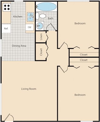 A floor plan of a house showing a bedroom, living room, kitchen, and bathroom.