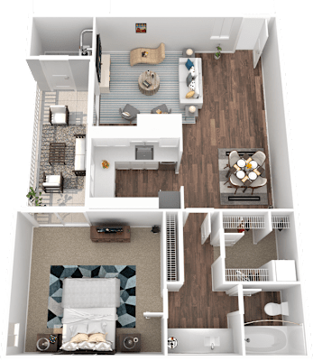 A floor plan of a house with a bedroom, living room, kitchen, and bathroom.